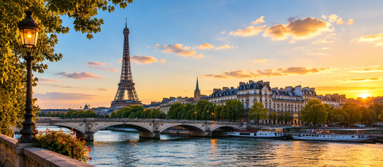 View across Paris with the Seine River, historic bridges, neighborhood rooftops, cafés, and iconic landmarks representing the city\'s everyday rhythm.