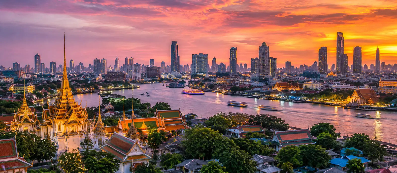 Bangkok skyline with temples, BTS Skytrain, parks, and everyday city life.