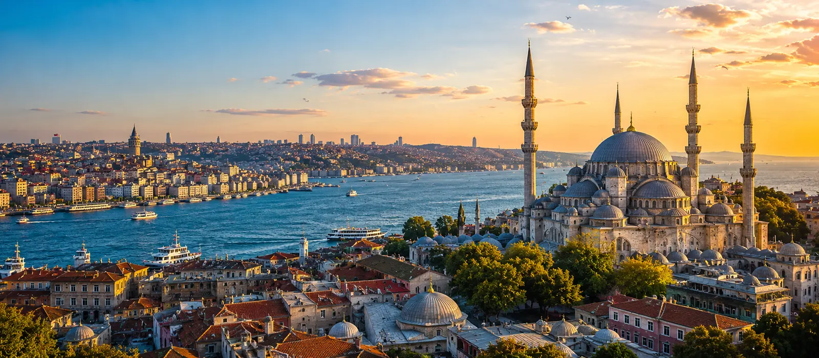 Panoramic view of Istanbul featuring the Bosphorus, historic skyline, ferries, and neighborhoods connecting Europe and Asia.